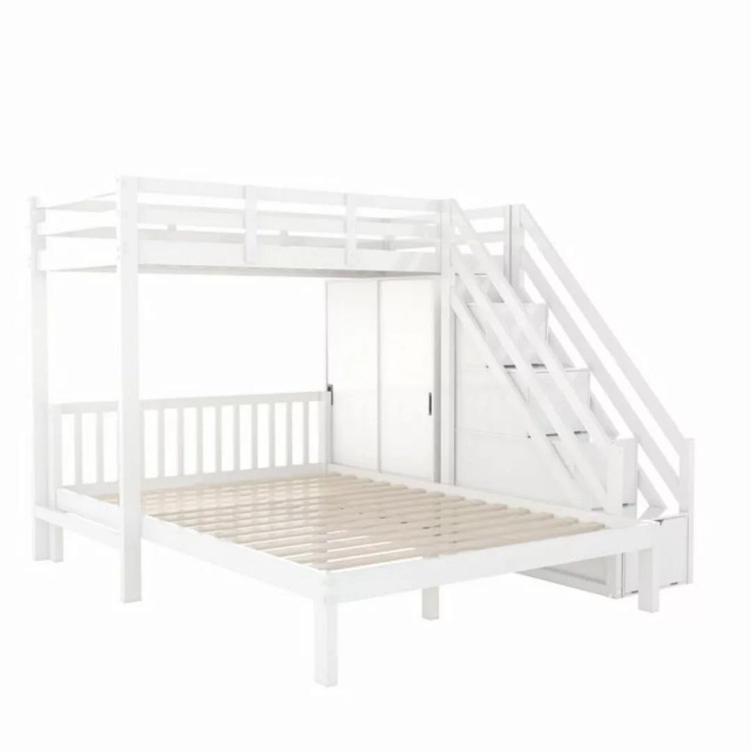 Rutaqian Etagenbett Etagenbett mit Garderobe, 90*200cm+140*200cm Massivholz günstig online kaufen