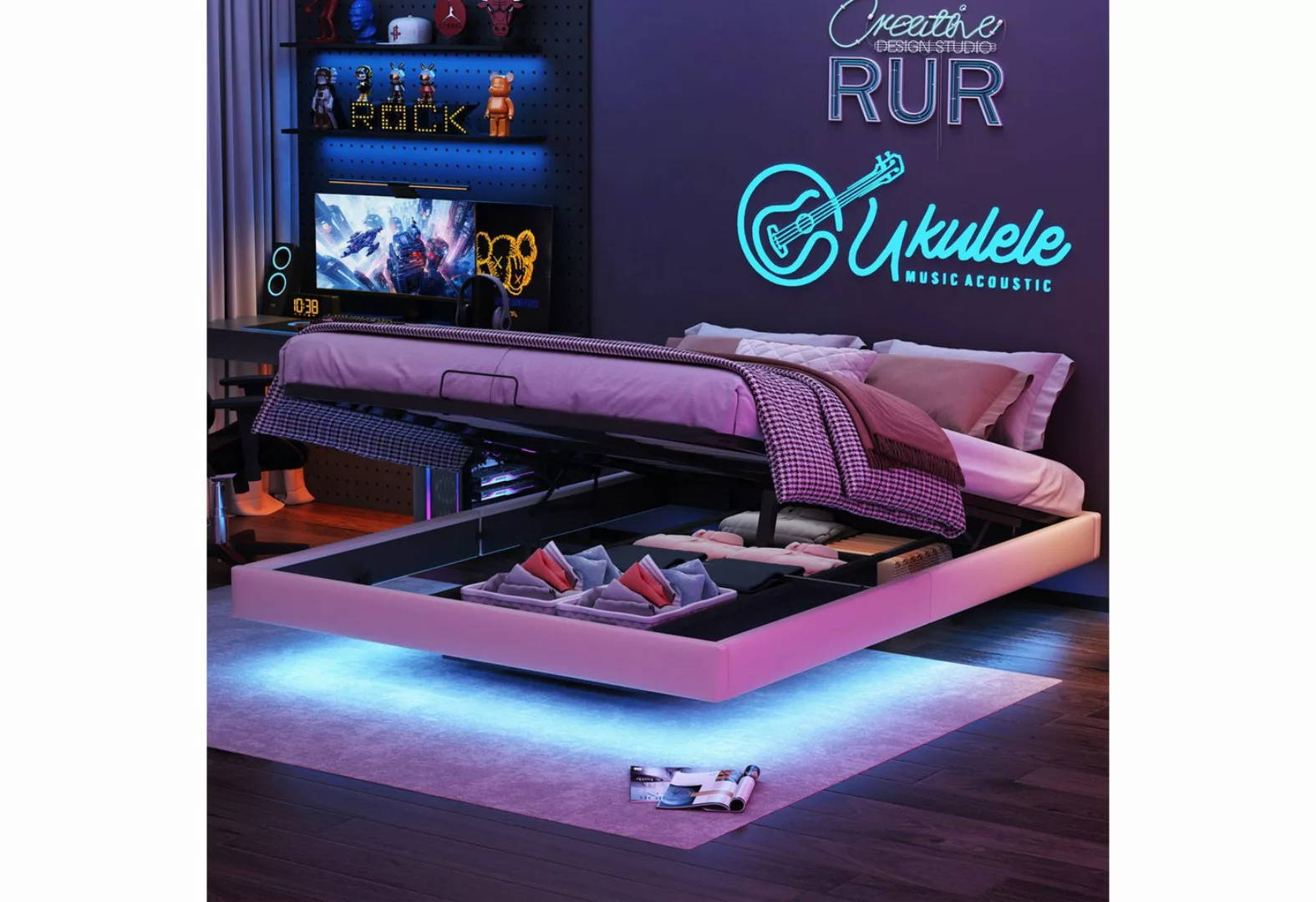 Furnishings Home Gamerbett Polsterbett Doppelbett Gaming LED (Hydraulisch a günstig online kaufen