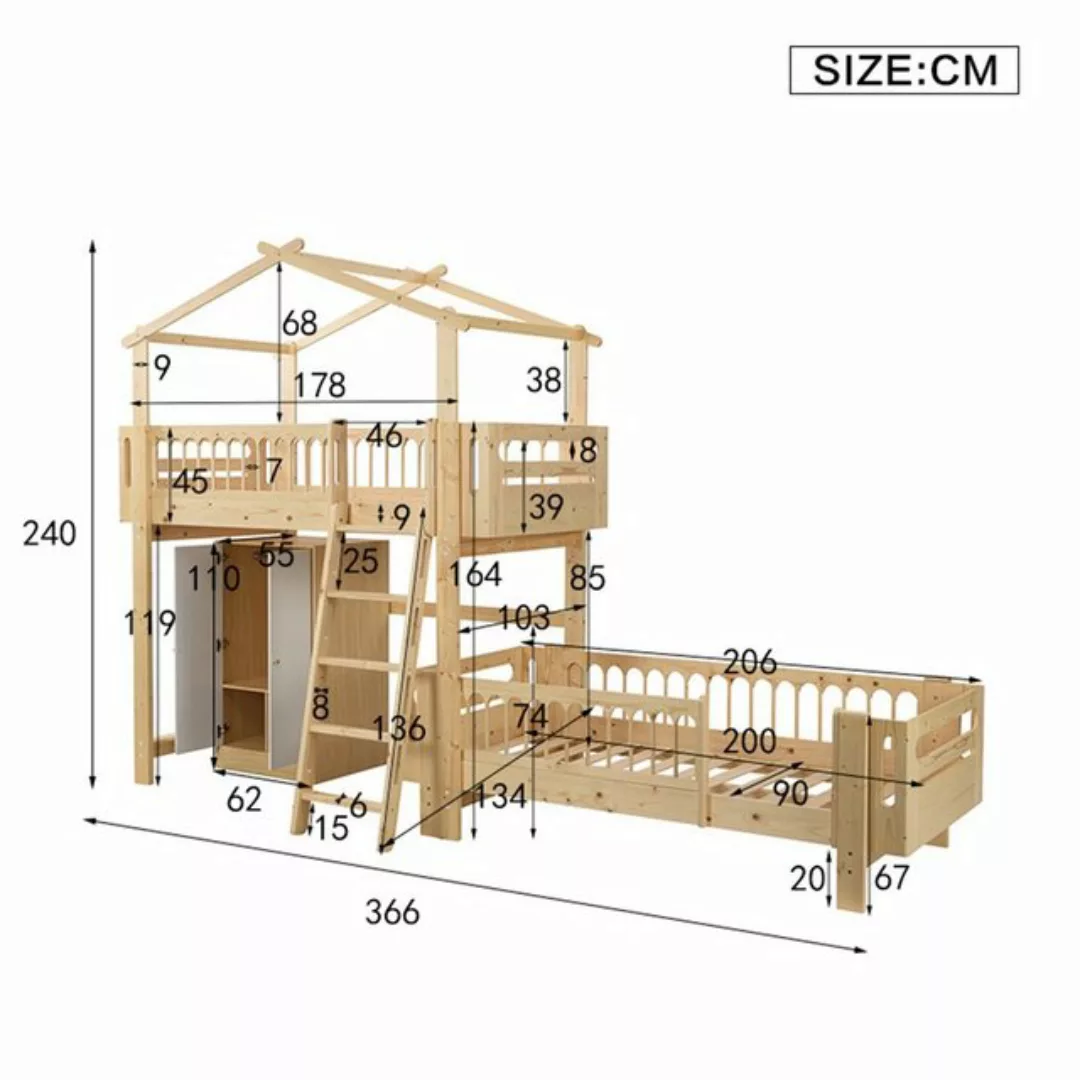 Ulife Etagenbett Natur Kiefer Hausbett, Kinderbett 90x200cm ×2, Absturzsich günstig online kaufen