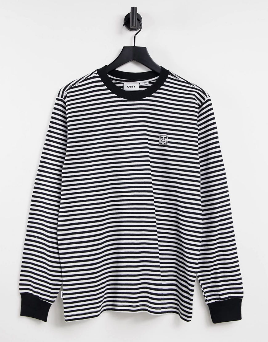 Obey – Langärmliges, gestreiftes Oversize-T-Shirt in Schwarz-Weiß günstig online kaufen