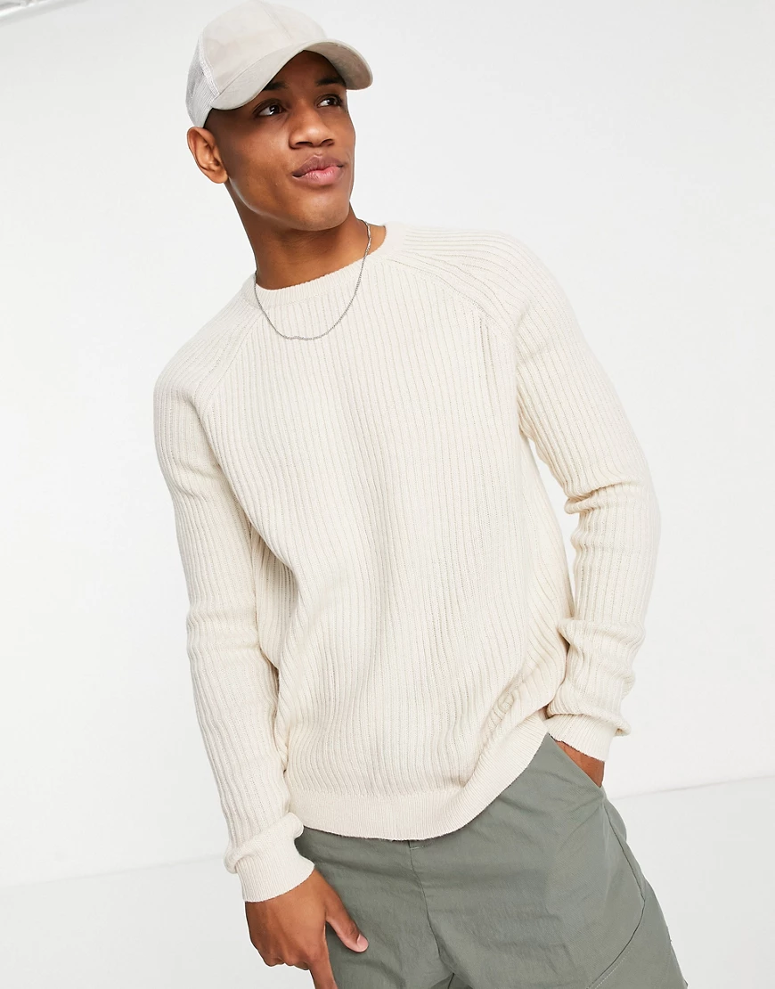 ASOS DESIGN – Gerippter Strickpullover in Hellbeige mit Rundhalsausschnitt- günstig online kaufen