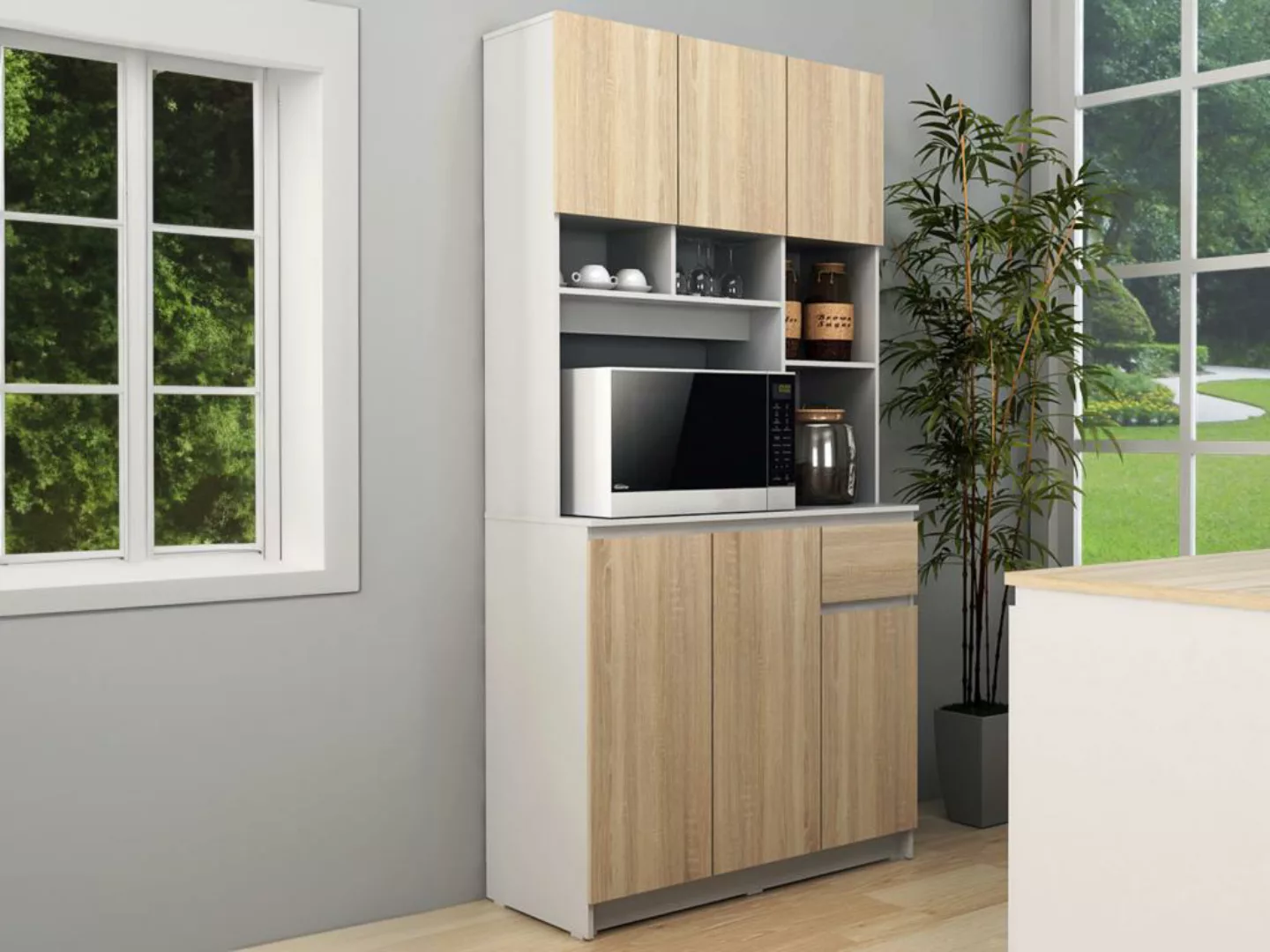Küchenbuffet mit 6 Türen, 1 Schubladen & 5 Regalfächern - Helle Holzfarben günstig online kaufen