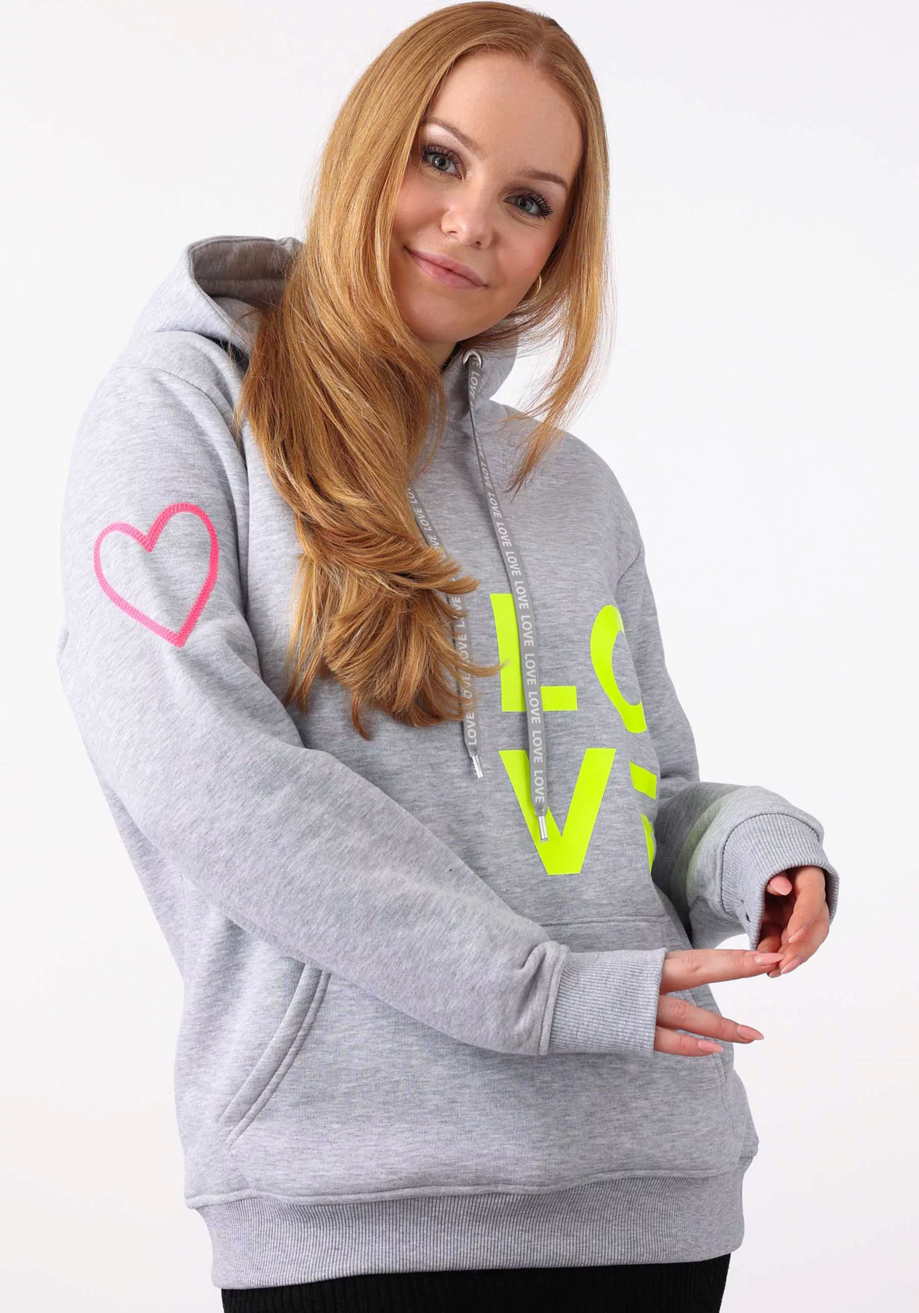 Zwillingsherz Kapuzensweatshirt, mit "Love"-Print und gesticktem Neonherz a günstig online kaufen