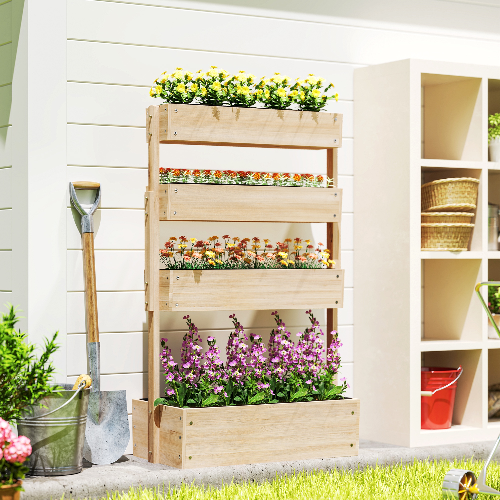 Outsunny Hochbeet Holz, 4 Ebene Pflanzbeet mit Entwässerungslöcher Frühbeet günstig online kaufen