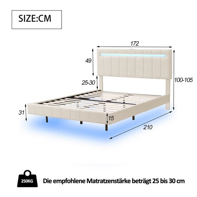 Ulife Polsterbett Doppelbett gepolsterter Schwebebett Rahmen mit LED-Leucht günstig online kaufen