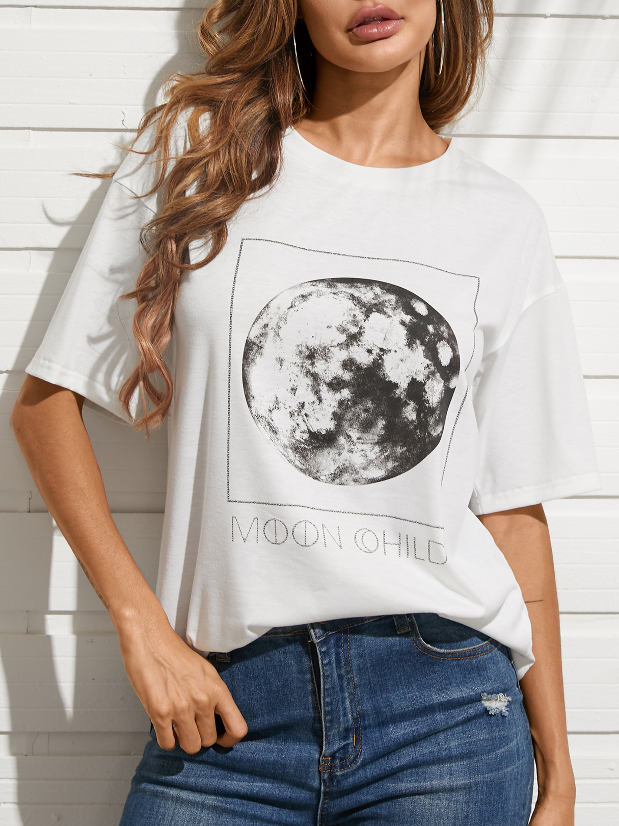 YOINS White Graphic & Letter Print Kurzarm-T-Shirt mit Rundhalsausschnitt günstig online kaufen