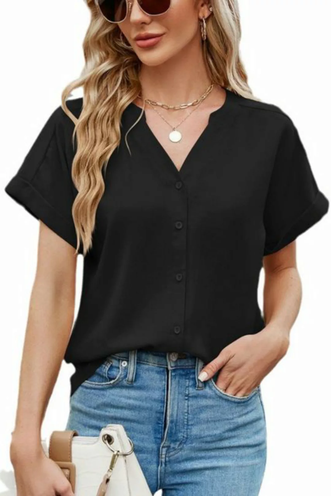 ENIX Strickjacke Damen einfarbig Kurzarmshirt Tasten V-Ausschnitt V-Shirt T günstig online kaufen