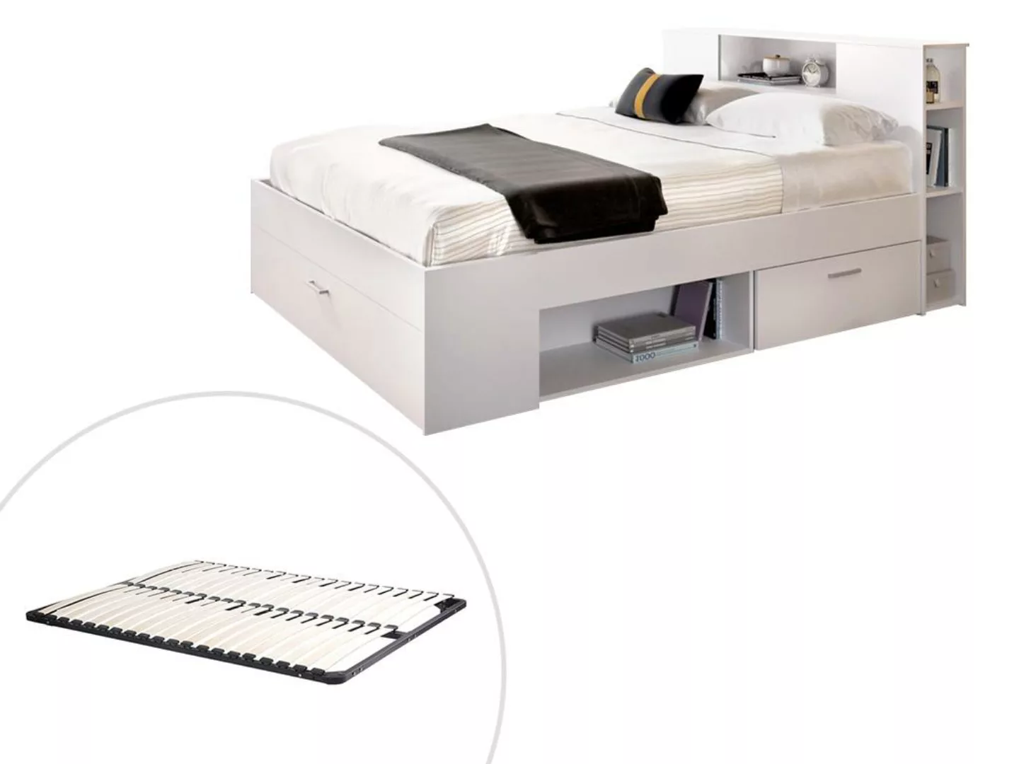 Bett mit Stauraum & Schubladen + Lattenrost - 140 x 190 cm - Weiß - LEANDRE günstig online kaufen