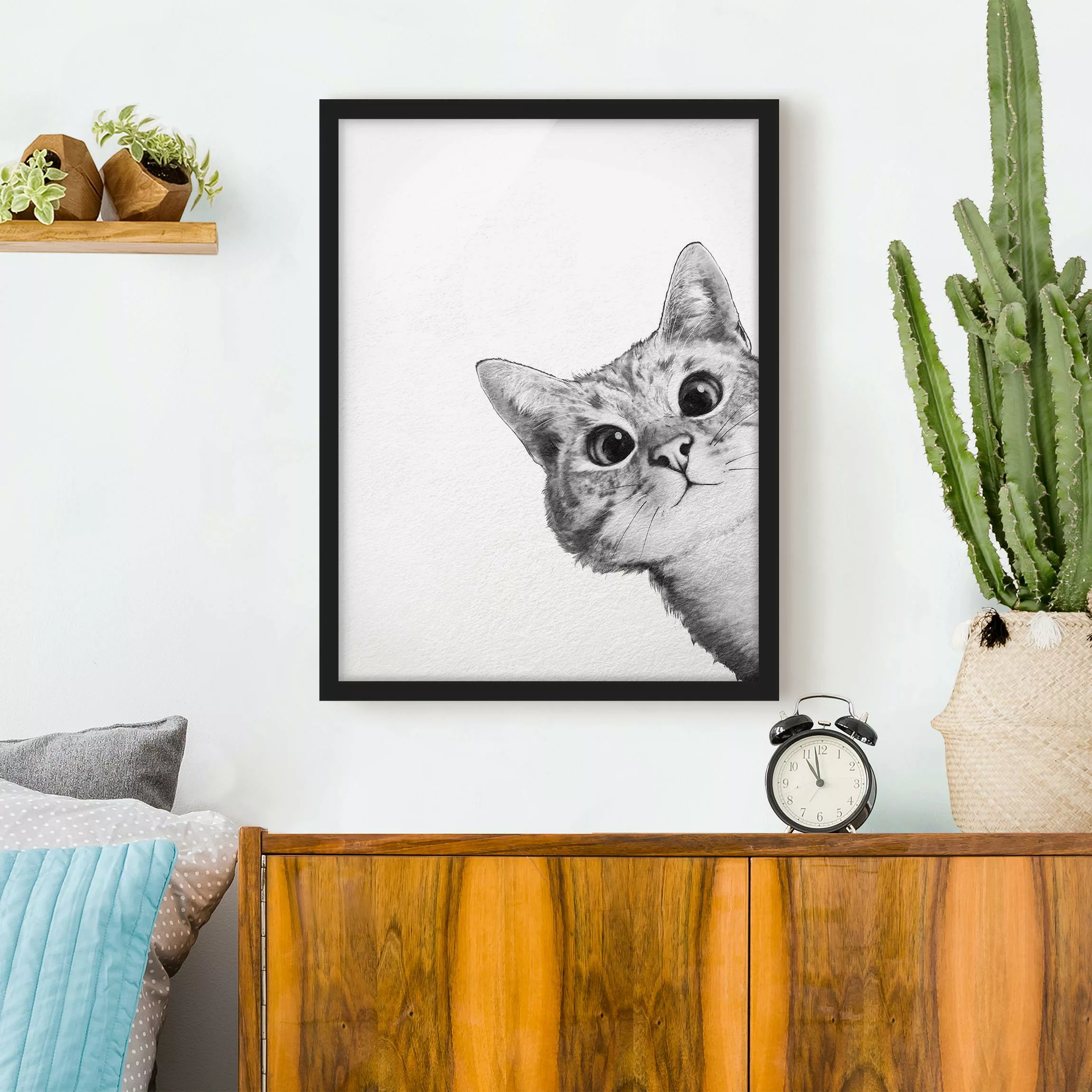 Bild mit Rahmen Tiere - Hochformat Illustration Katze Zeichnung Schwarz Wei günstig online kaufen
