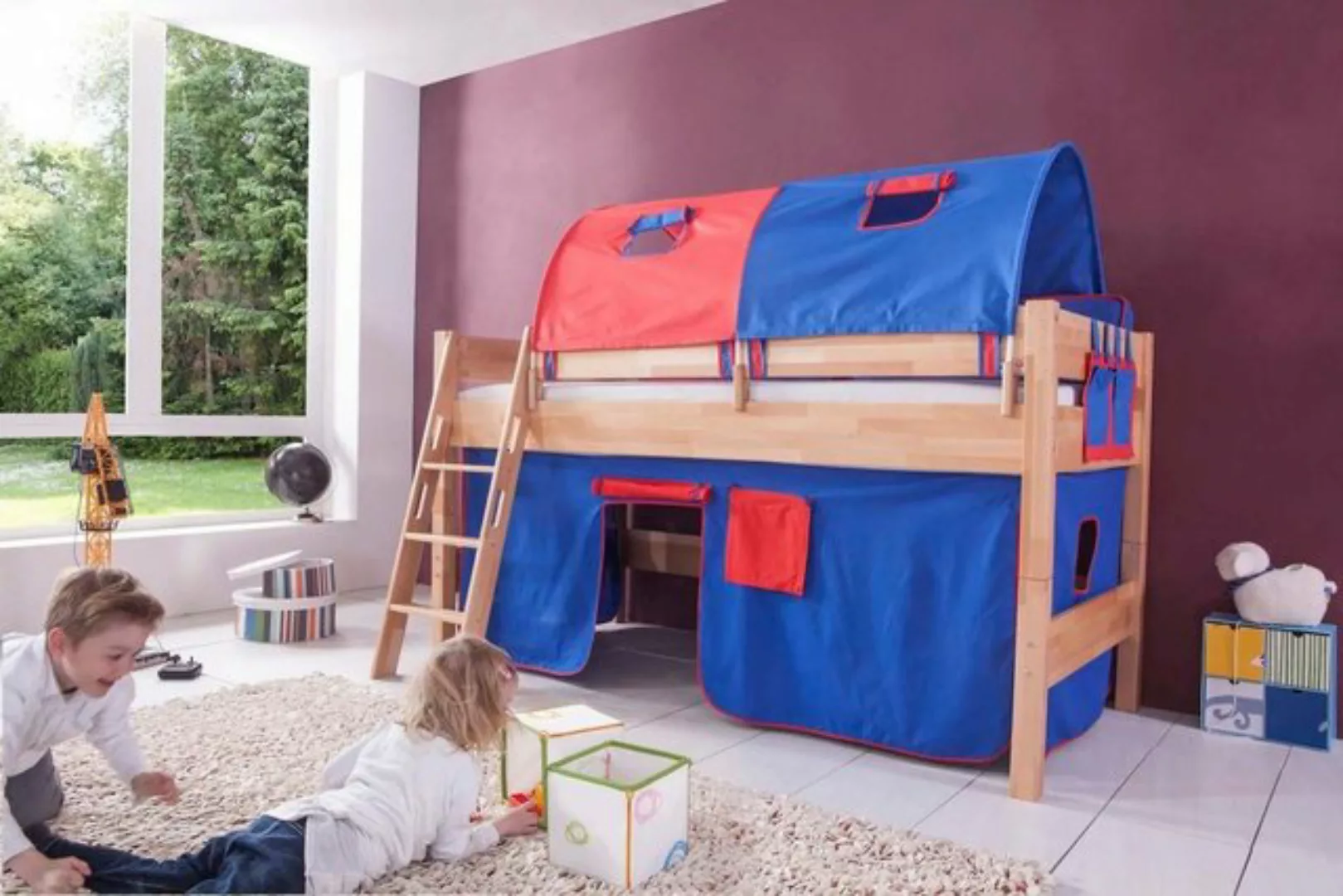 Natur24 Kinderbett Halbhohes Einzelbett Kim Buche lackiert 90x200cm Einzelb günstig online kaufen