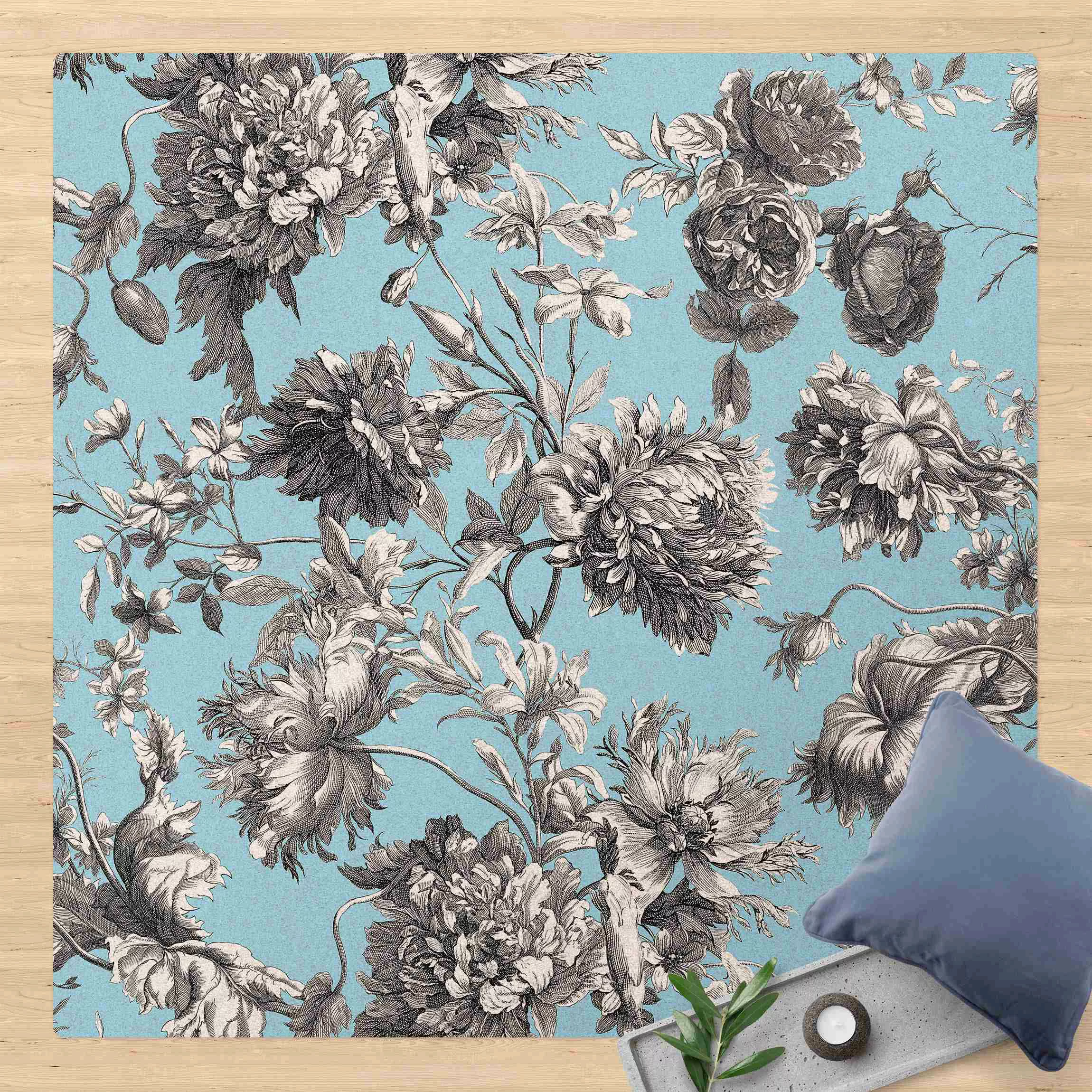 Kork-Teppich Floraler Kupferstich Graublau günstig online kaufen