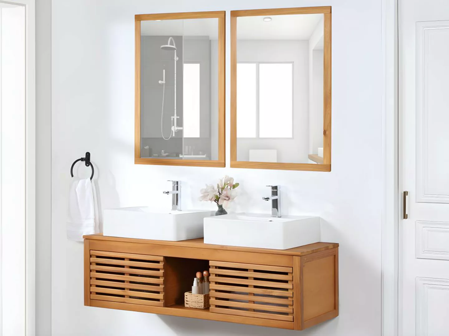 Waschbeckenunterschrank hängend mit Doppelwaschbecken + 2 Spiegel - Akazien günstig online kaufen