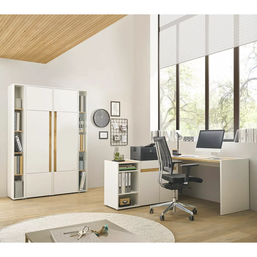 Büromöbel Set weiß mit Eiche CRISP-61 modern 7-teilig mit Schreibtisch günstig online kaufen