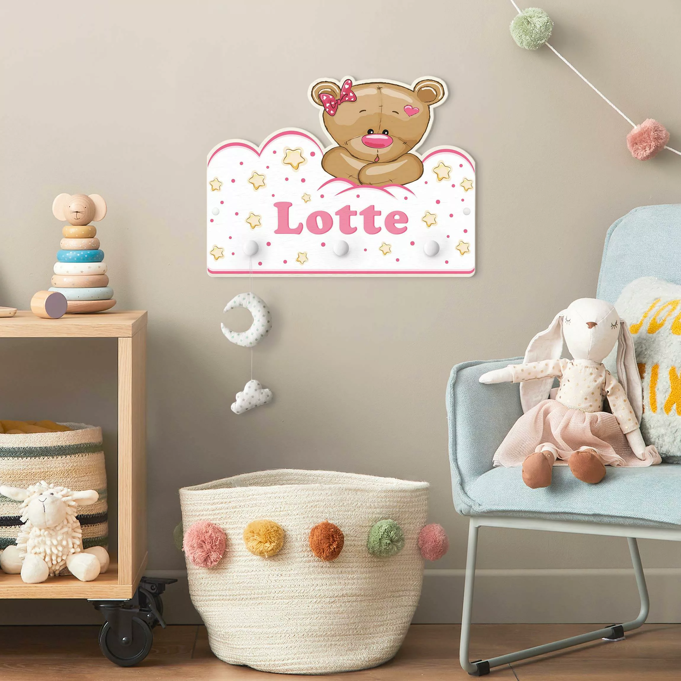 Kindergarderobe Holz mit Namen Wolken Teddy rosa mit Wunschnamen günstig online kaufen