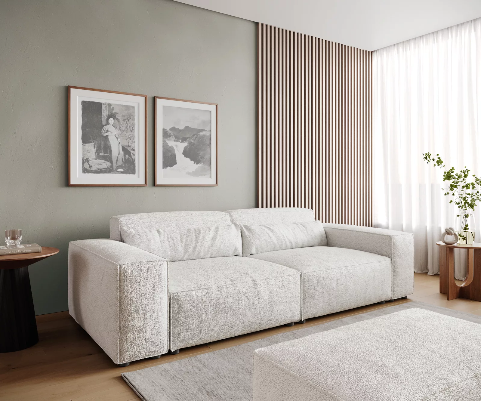 Big-Sofa Sirpio L 260x110 cm Bouclé Creme-Weiß mit Hocker günstig online kaufen