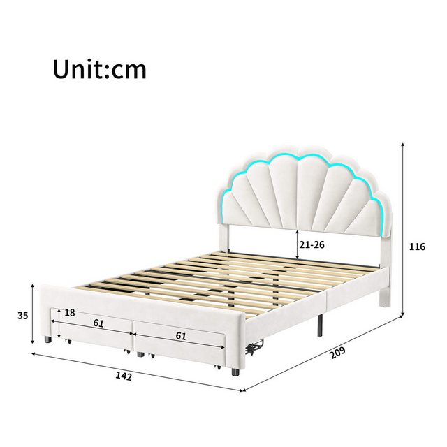 Furnishings Home Polsterbett Weißes Samtbett mit Schubladen + LED-Licht günstig online kaufen