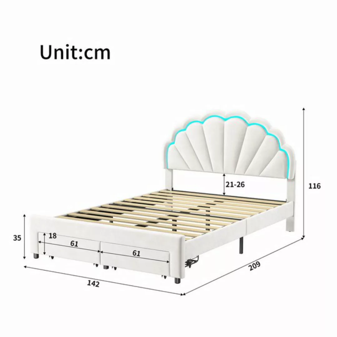 Furnishings Home Polsterbett Weißes Samtbett mit Schubladen + LED-Licht (Se günstig online kaufen