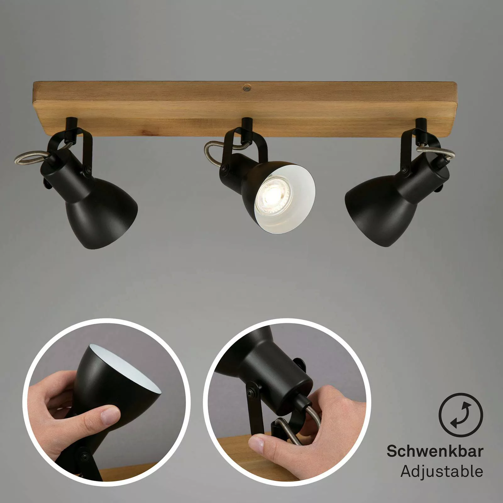 Deckenstrahler Arbo mit Holzelement, dreiflammig günstig online kaufen