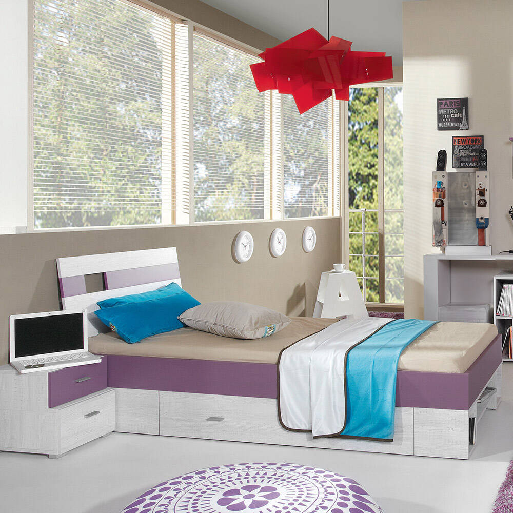 Jugendbett 120x200 cm mit Nachttisch Kiefer gebleicht mit lila NEDOUSA-133 günstig online kaufen