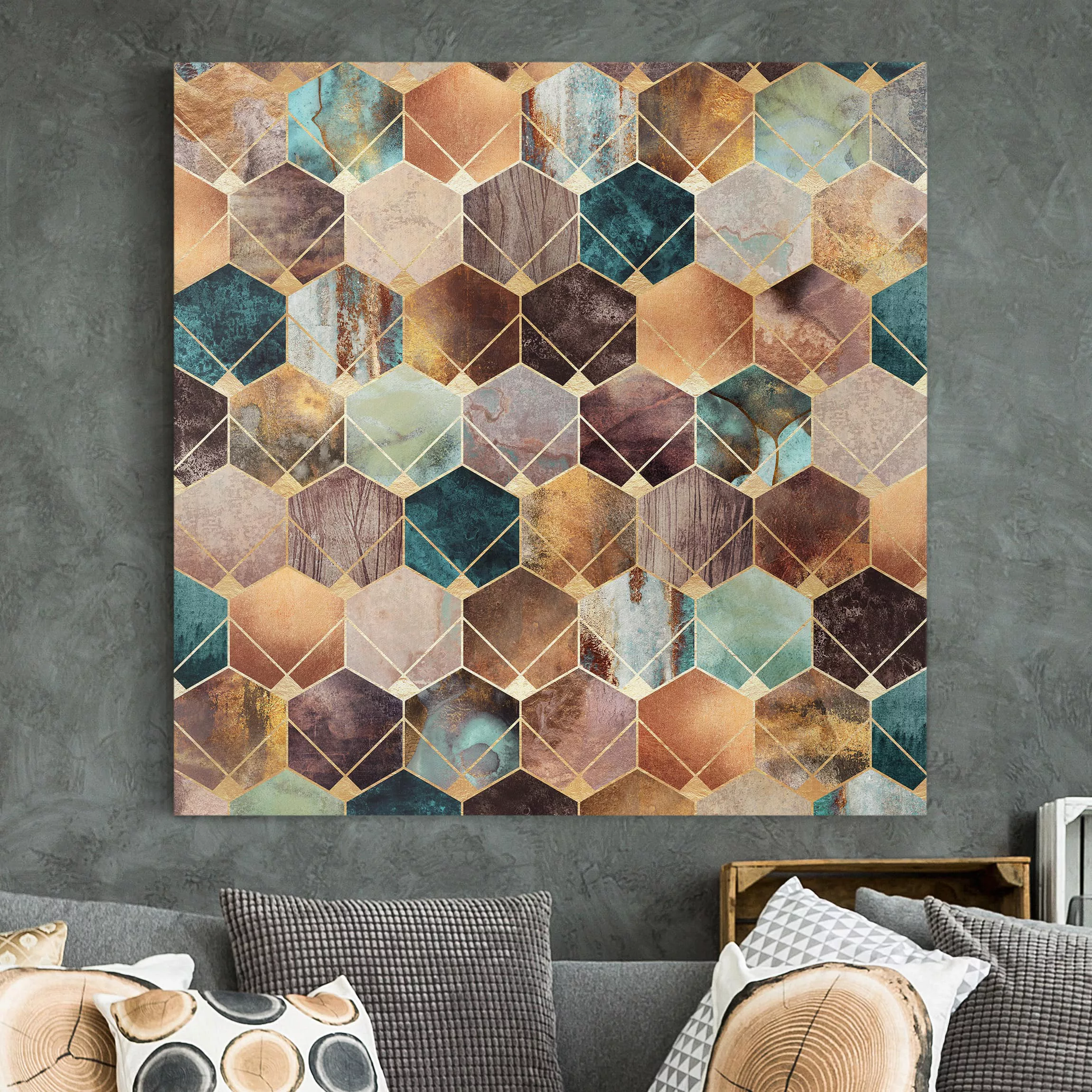 Leinwandbild Abstrakt - Quadrat Türkise Geometrie goldenes Art Deco günstig online kaufen