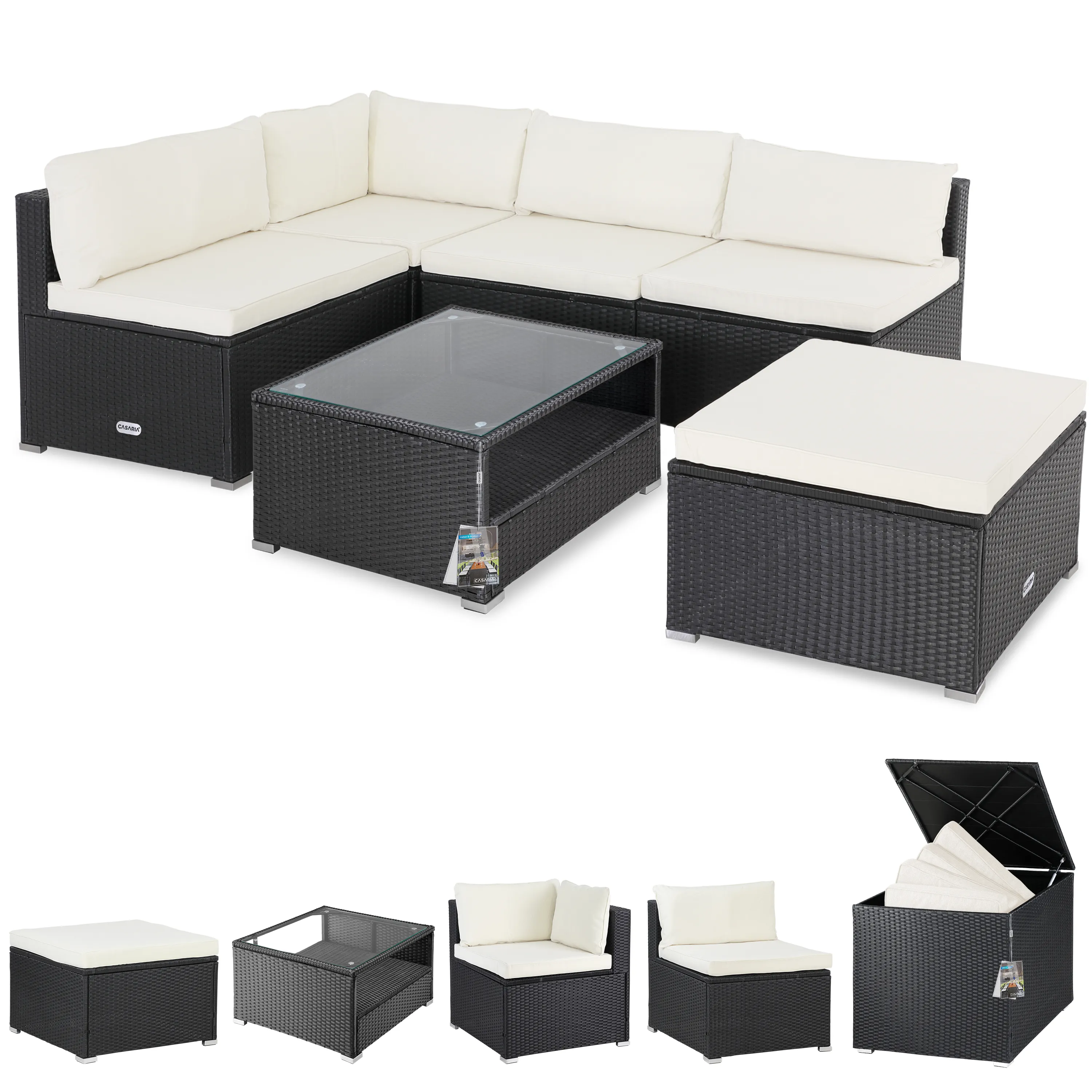 Polyrattan Ecklounge Schwarz/Creme mit Polyrattan Auflagenbox Schwarz günstig online kaufen