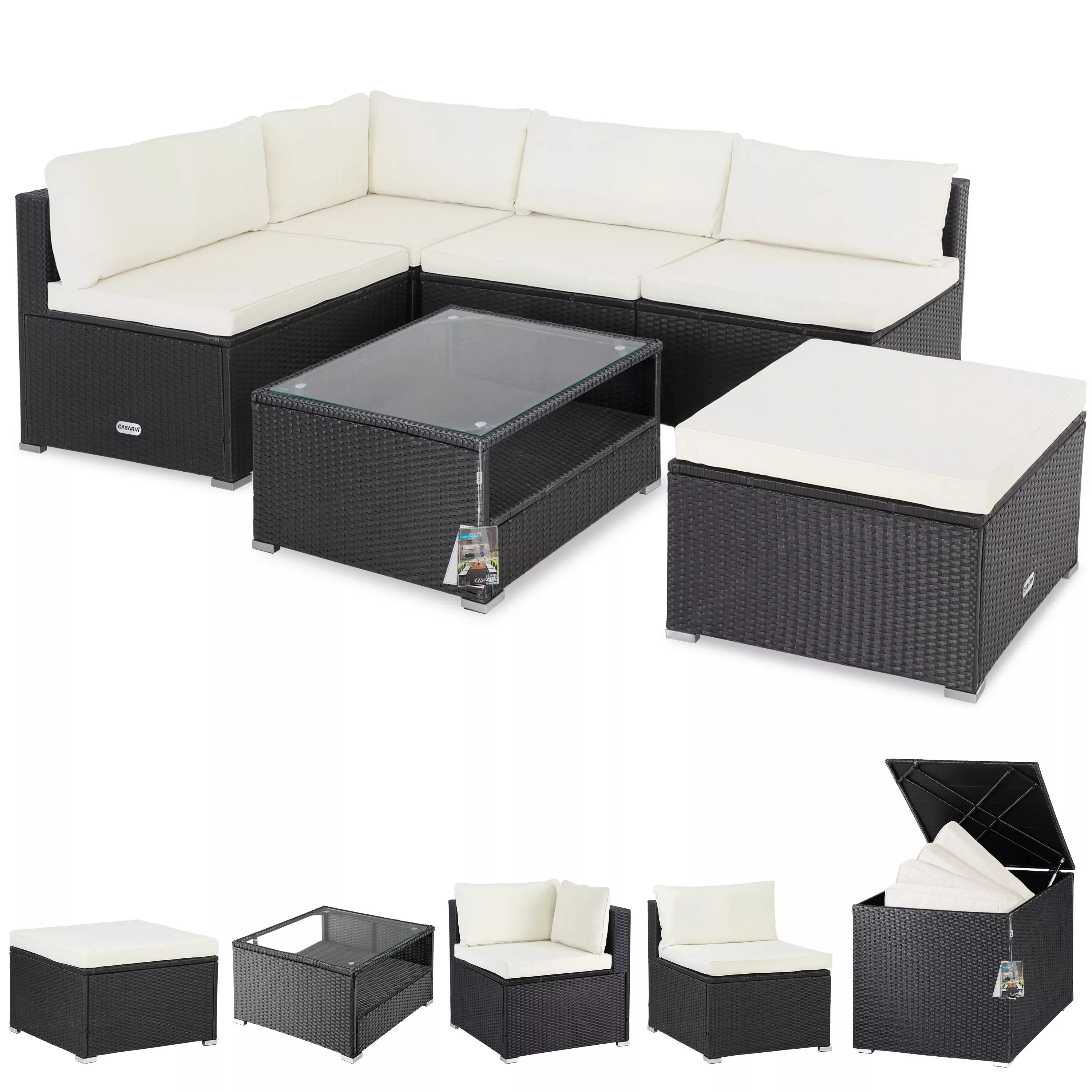 Polyrattan Ecklounge Schwarz/Creme mit Polyrattan Auflagenbox Schwarz günstig online kaufen