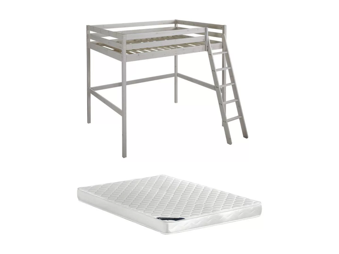 Hochbett + Matratze - 140 x 190 cm - Kiefer massiv - Geweißt - GEDEON II günstig online kaufen