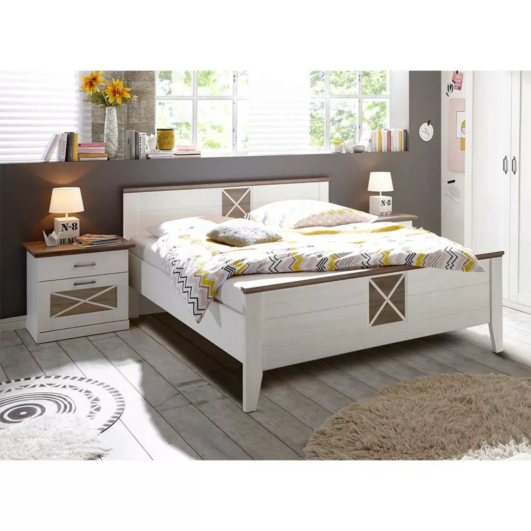 Doppelbett mit Konsolen in Pinie Trüffelfarben und Weiß Landhausstil (dreit günstig online kaufen
