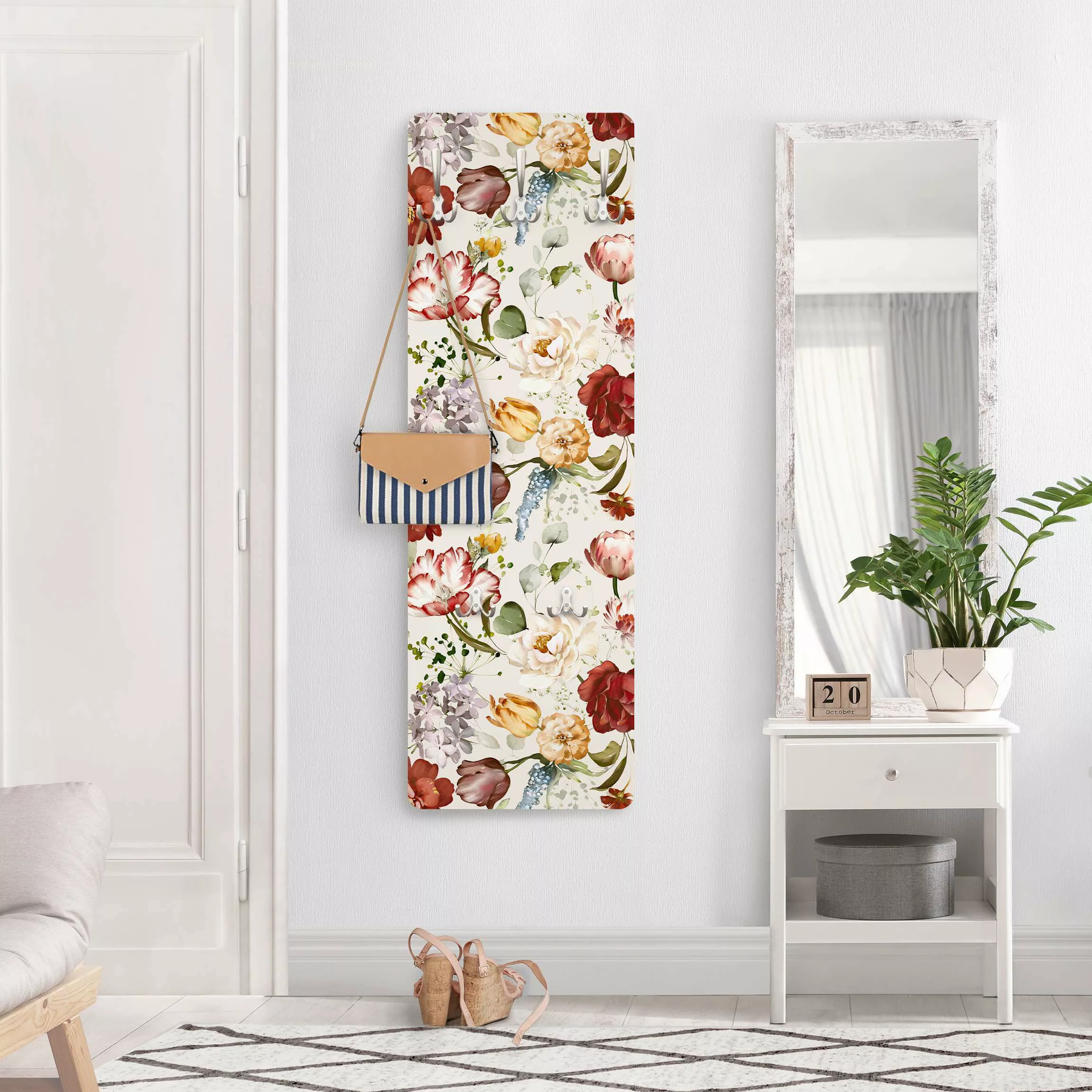 Wandgarderobe Blumen Aquarell Vintage Muster auf Beige günstig online kaufen