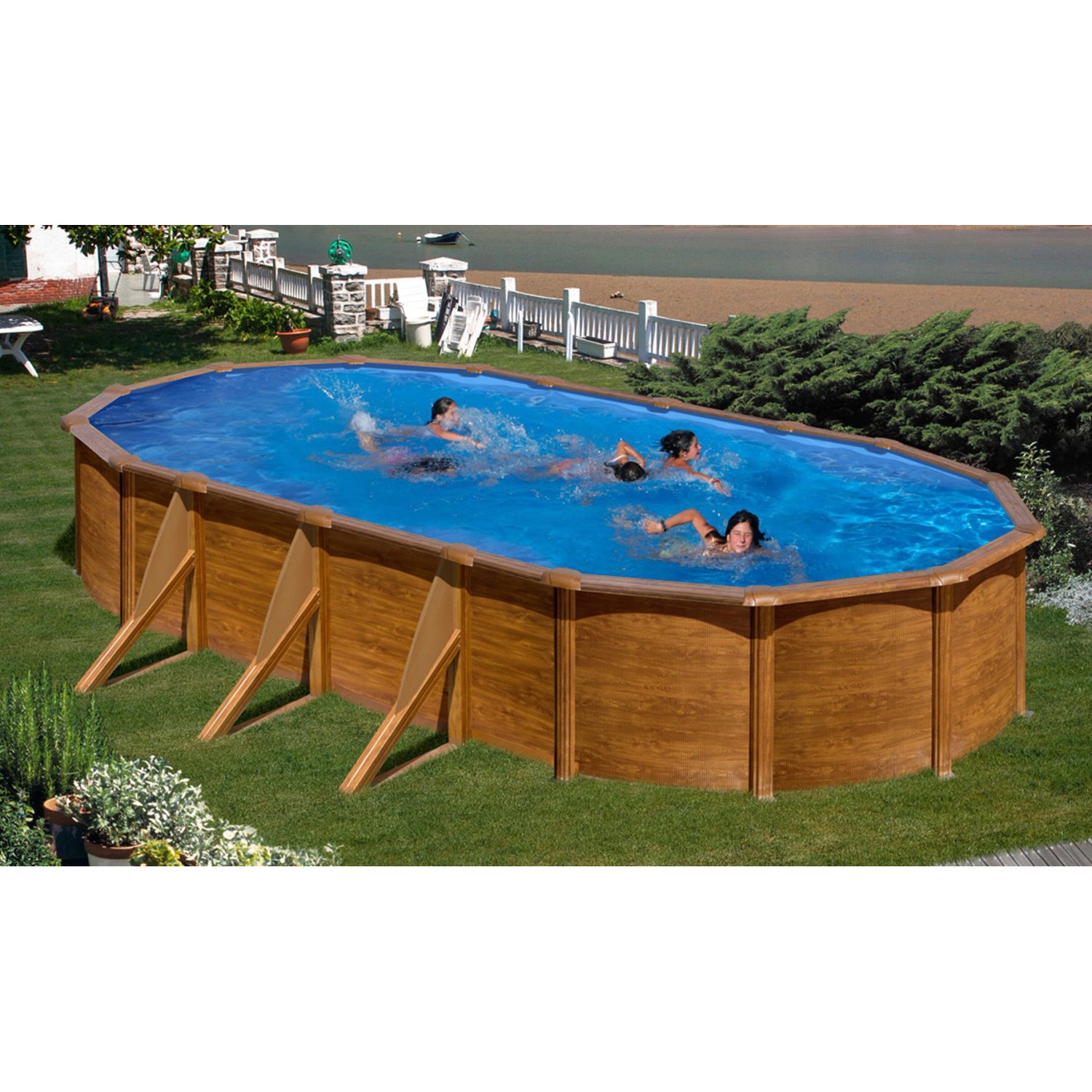 Summer Fun Stahlwand Pool-Set Holz Dekor RAVENNA Aufstellb. oval 610 x 375 günstig online kaufen