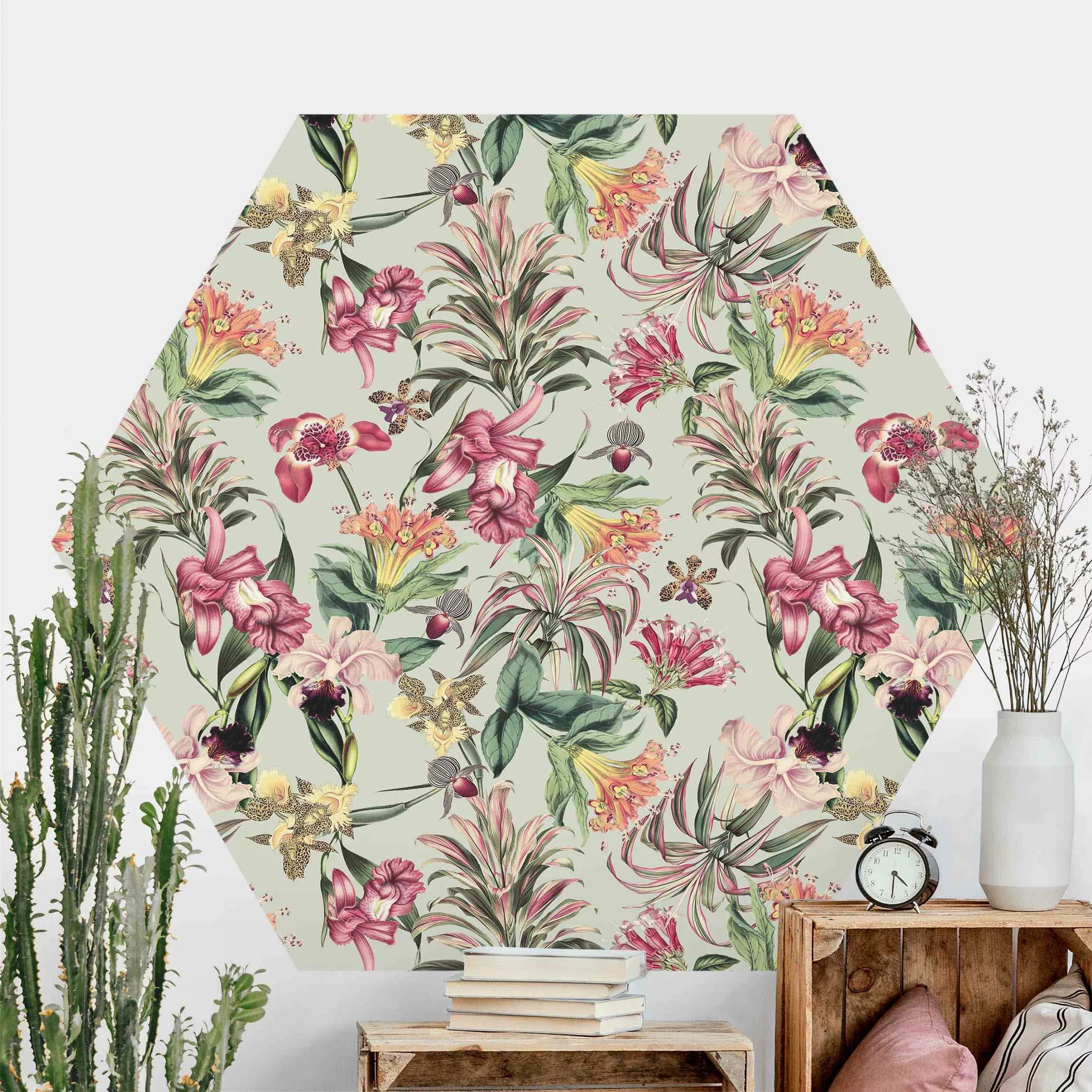 Hexagon Mustertapete selbstklebend Tropische Blumen vor Mint günstig online kaufen
