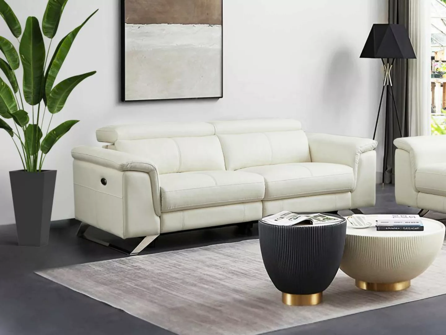 Relaxsofa 3-Sitzer elektrisch - Rindsleder - Weiß - BREYT II günstig online kaufen