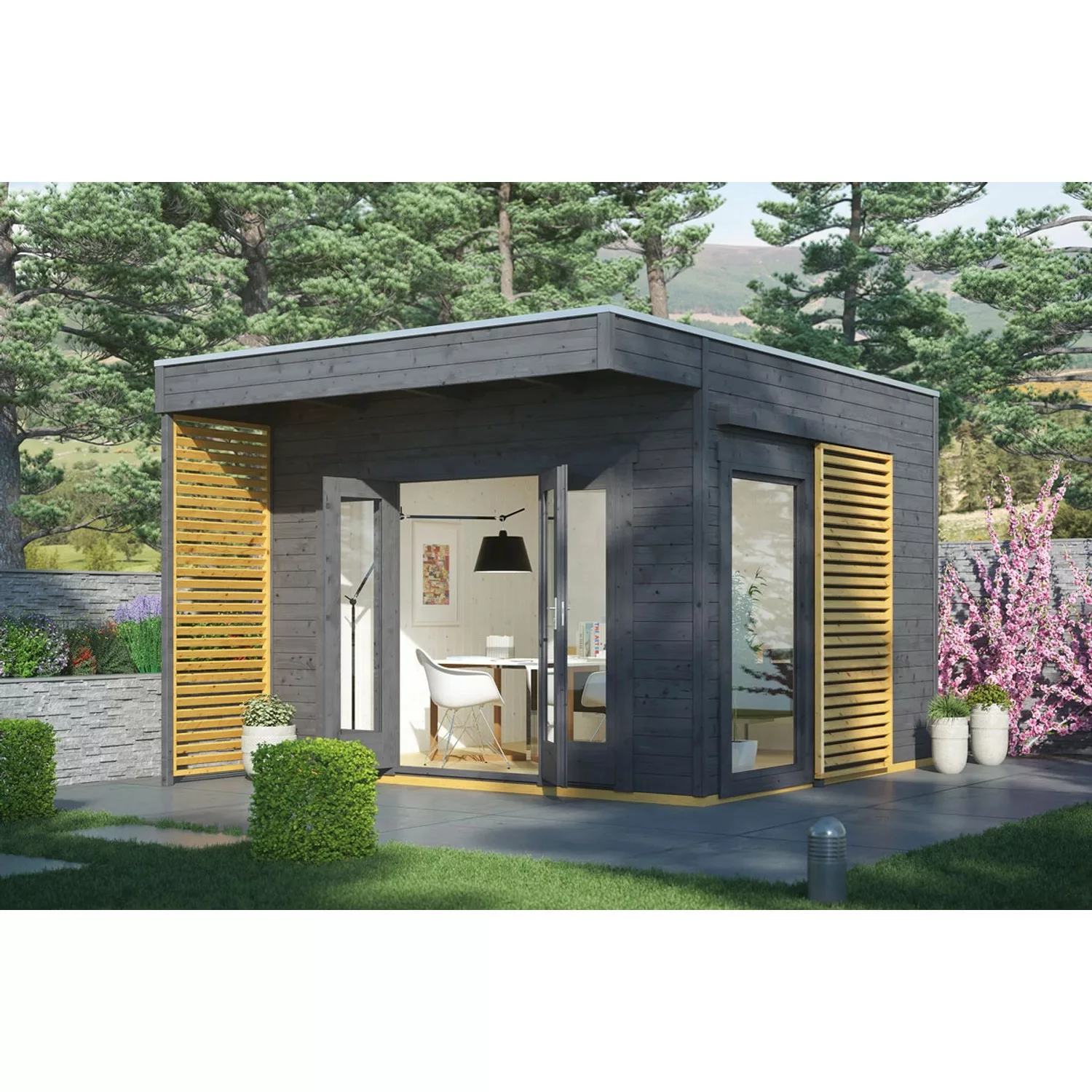 Skan Holz Holz-Gartenhaus/Gerätehaus Tokio 2 Schiefergrau 340 cm x 340 cm günstig online kaufen