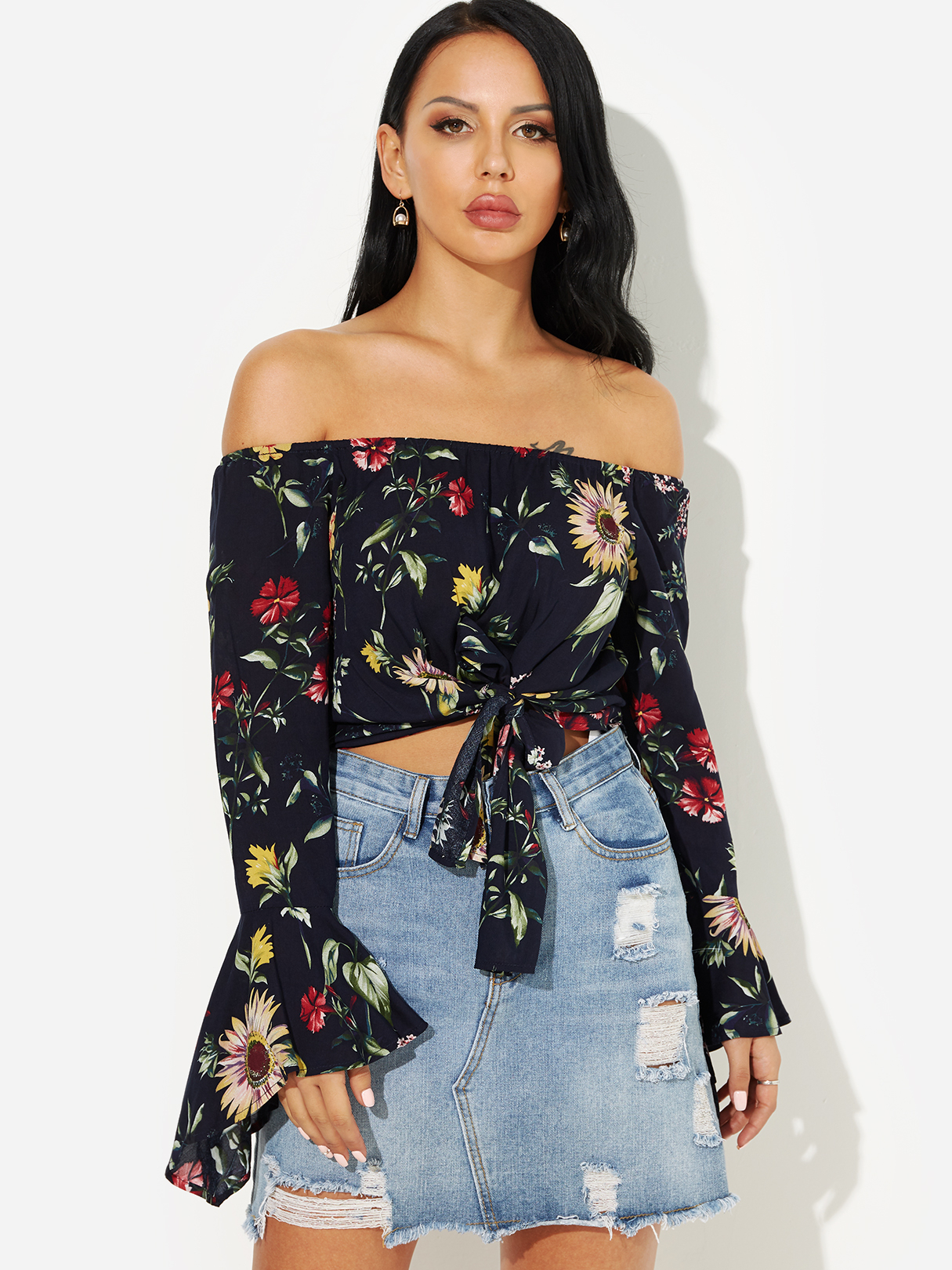 Navy Off Shoulder Flare Sleeves Mode Bluse günstig online kaufen