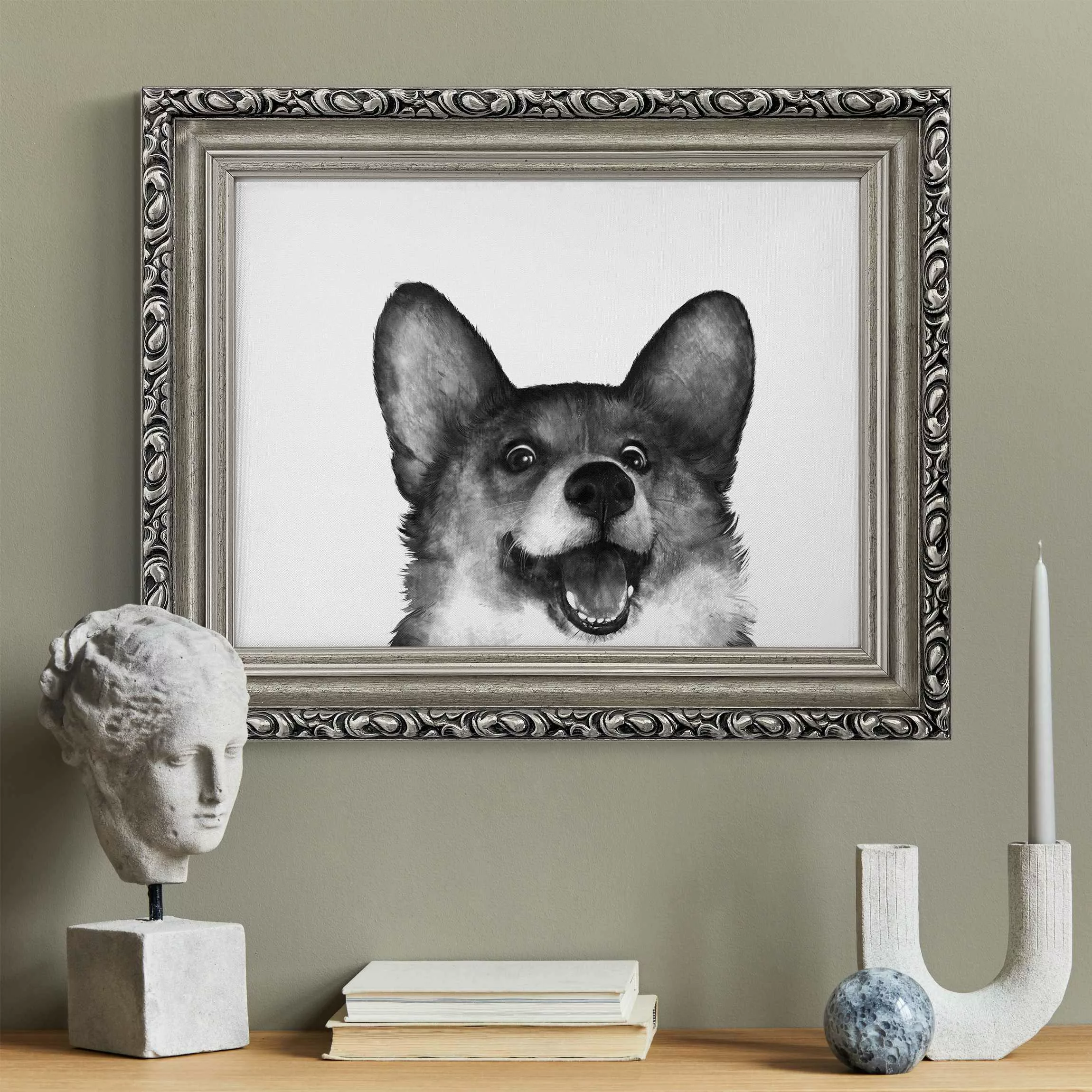 Gerahmtes Leinwandbild Illustration Hund Corgi Weiß Schwarz Malerei günstig online kaufen