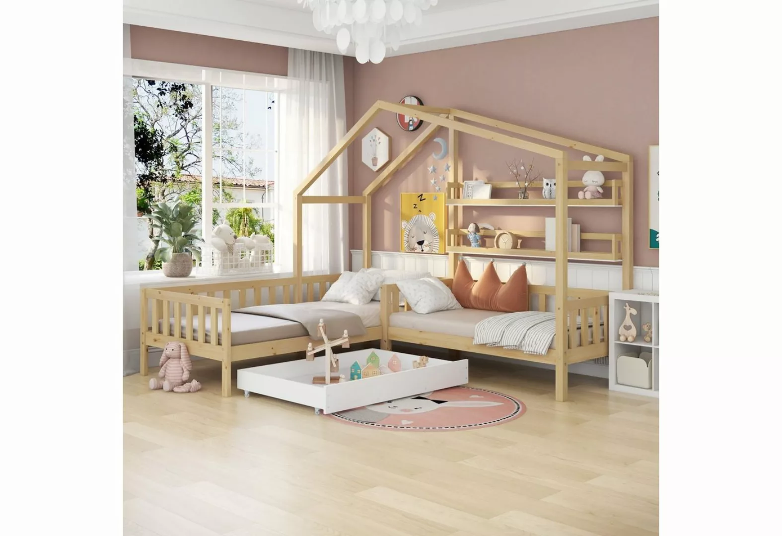 Celya Kinderbett Kinderbett Hausbett mit Schubladen und Regalen, Massivholz günstig online kaufen
