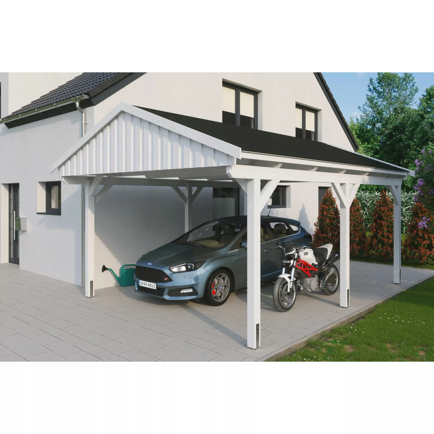 Skan Holz Carport Fichtelberg 423 cm x 566 cm Schwarze Schindeln Weiß günstig online kaufen