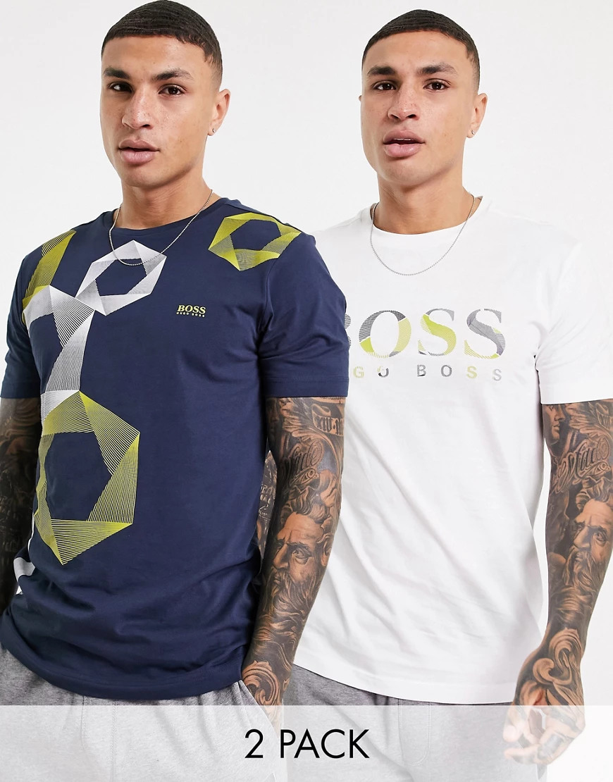 BOSS – Athleiruse – 2er-Pack T-Shirts in Weiß mit großem Logo-Mehrfarbig günstig online kaufen