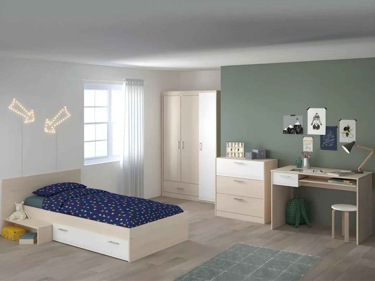 Kinderbett mit 1 Schublade + Lattenrost  - 90 x 190 cm - Eichefarben & Weiß günstig online kaufen