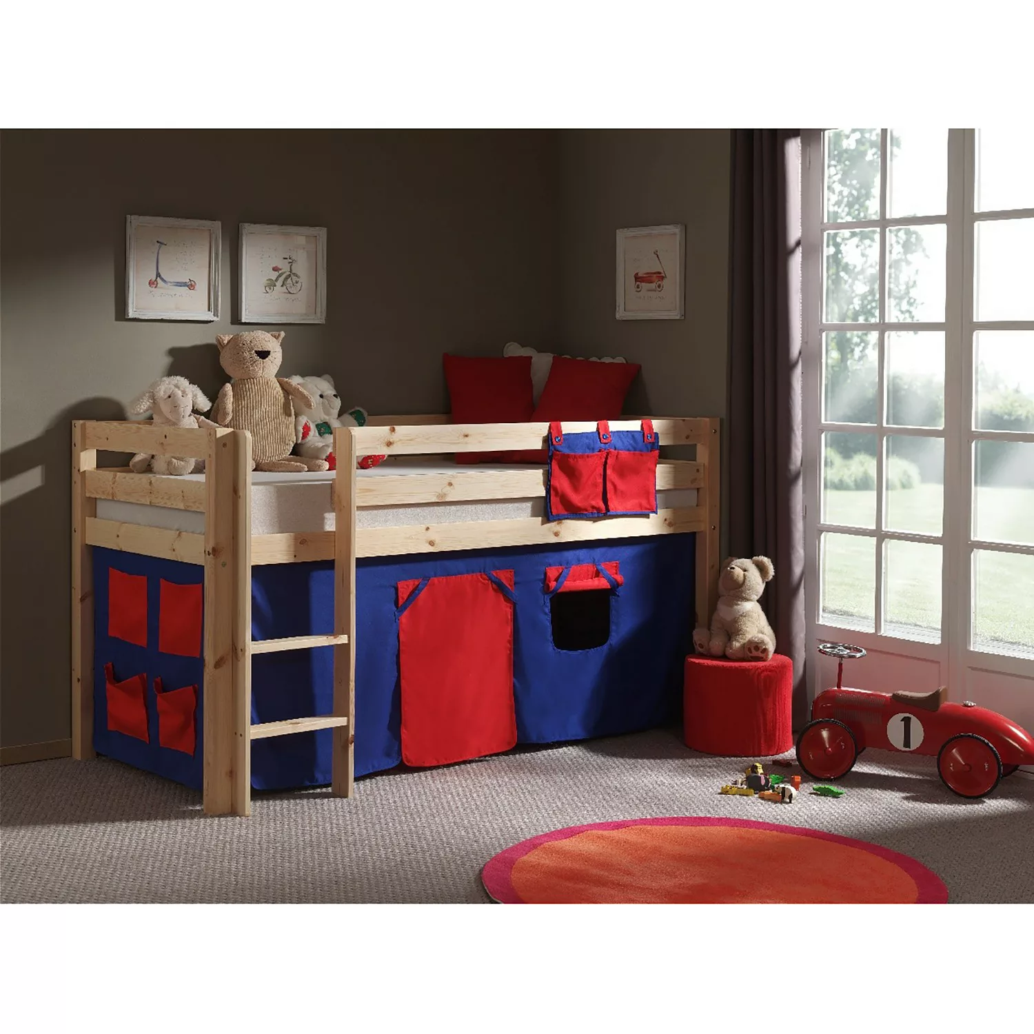Kinderzimmer Spielbett PINOO-12 mit Textilset Domino in Kiefer massiv natur günstig online kaufen