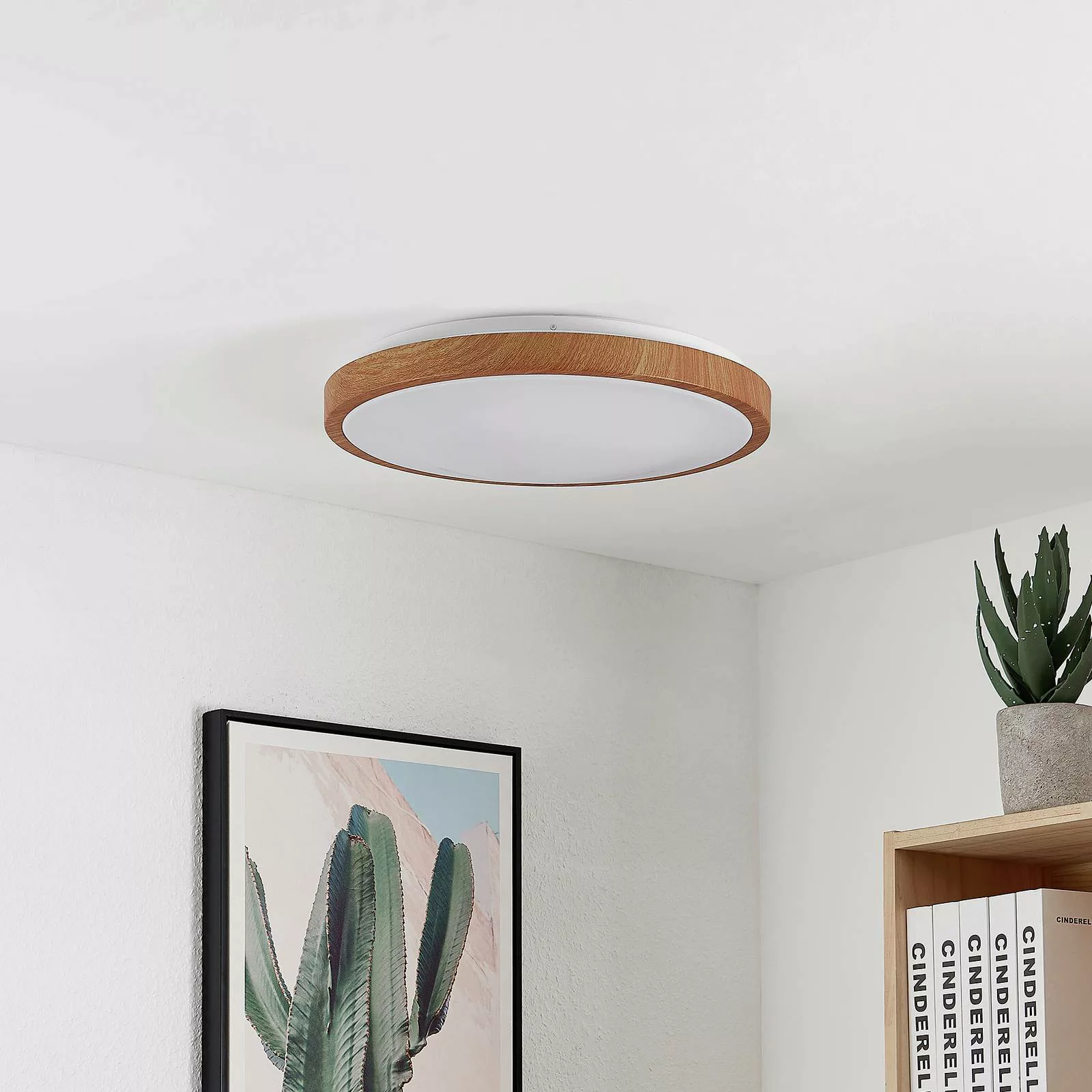 Lindby LED-Deckenleuchte Mynte, Ø43cm, Holzoptik, Kunststoff günstig online kaufen