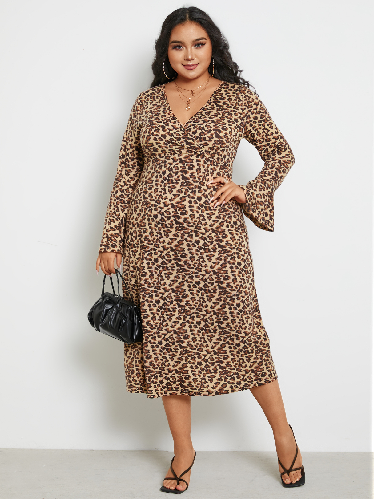 YOINS Plus Größe V-Ausschnitt Leopard Wrap Design lange Ärmel Kleid günstig online kaufen