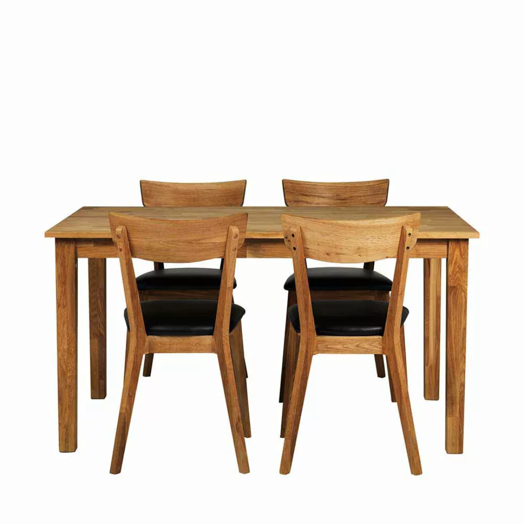 4 Stühle und Esstisch aus Eiche Massivholz Kunstleder Schwarz (fünfteilig) günstig online kaufen