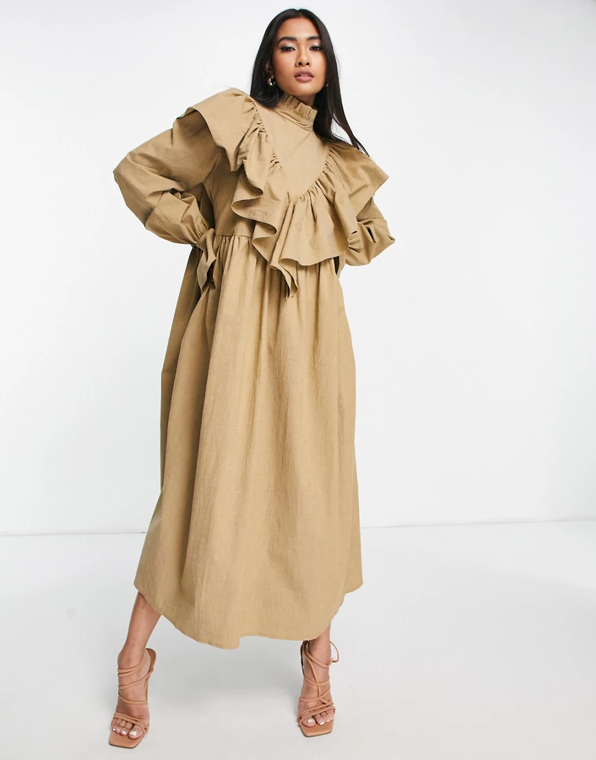 ASOS EDITION – Hochgeschlossenes Midikleid in Taupe mit übergroßen Bündchen günstig online kaufen