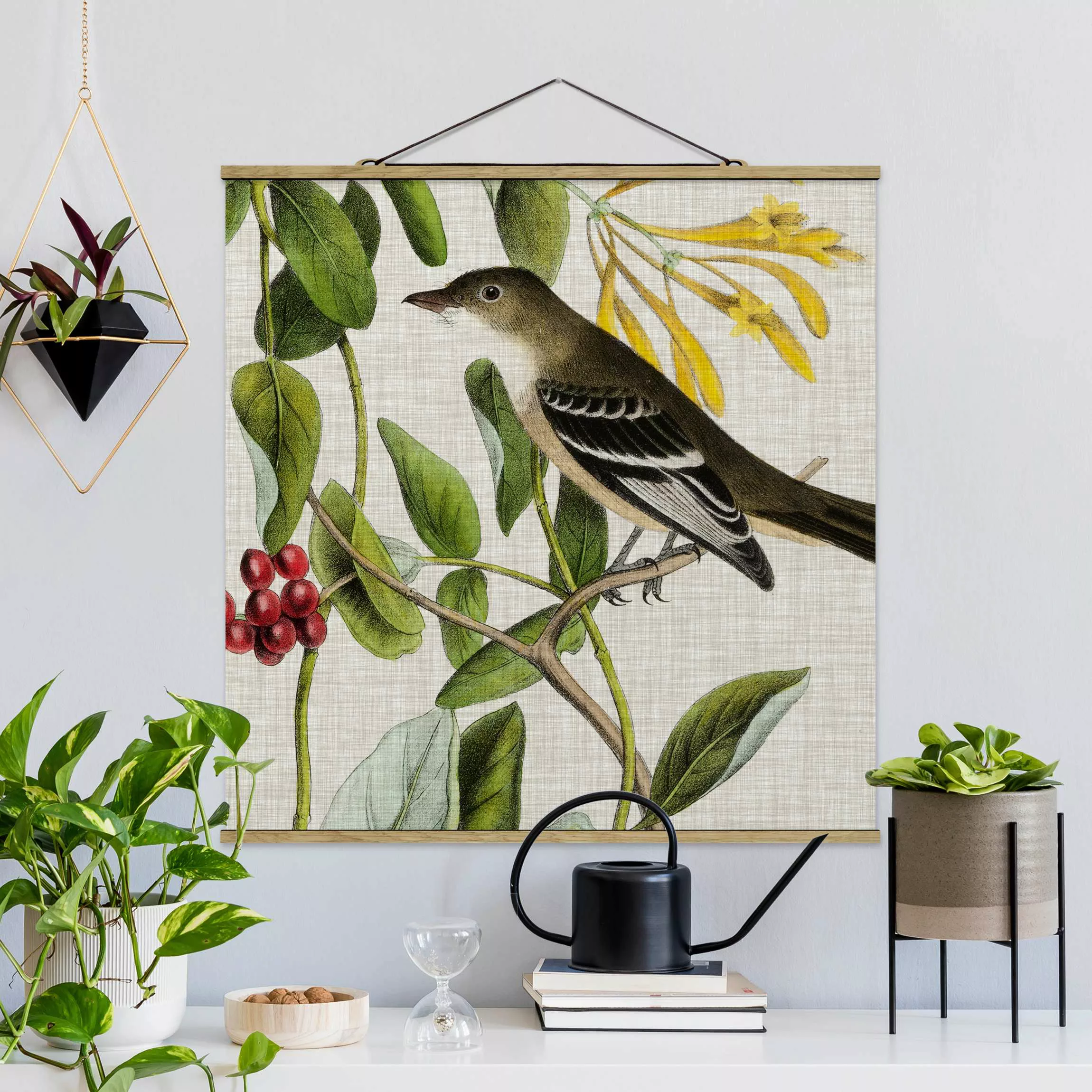 Stoffbild Blumen mit Posterleisten - Quadrat Vogel auf Leinen Gelb II günstig online kaufen