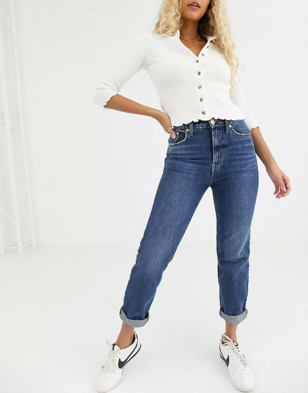 River Island – Authentische Mom-Jeans in Dunkelblau günstig online kaufen