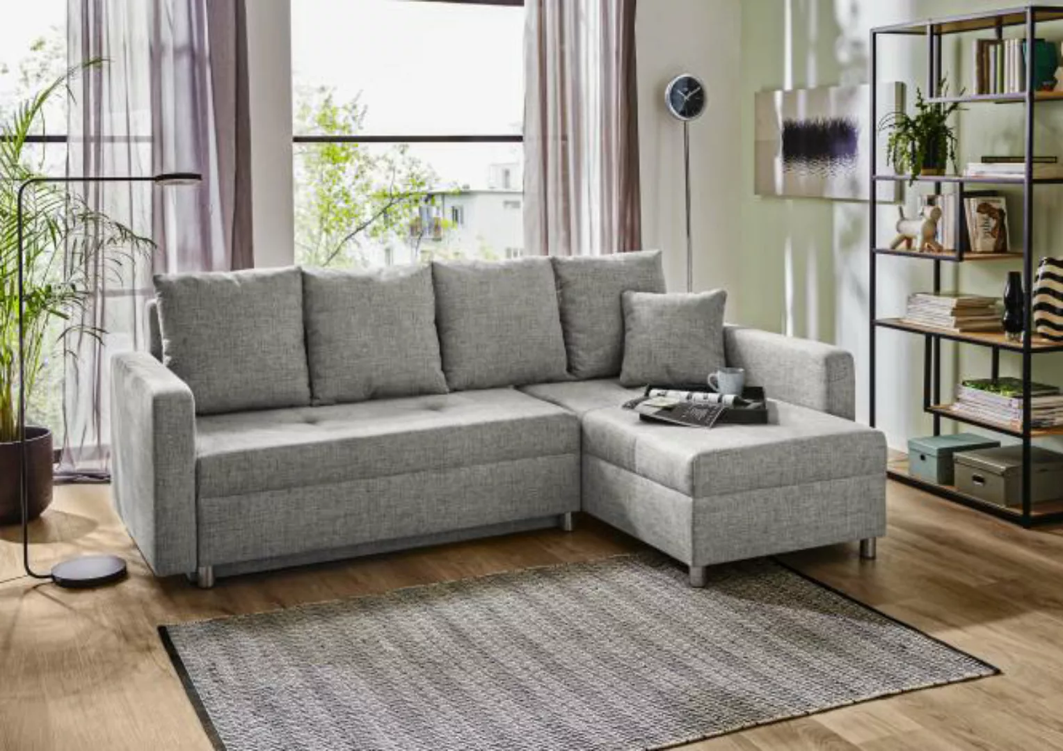 Ecksofa klein mit Schlaffunktion und Bettkasten Grau 228 x 154 cm beidseiti günstig online kaufen