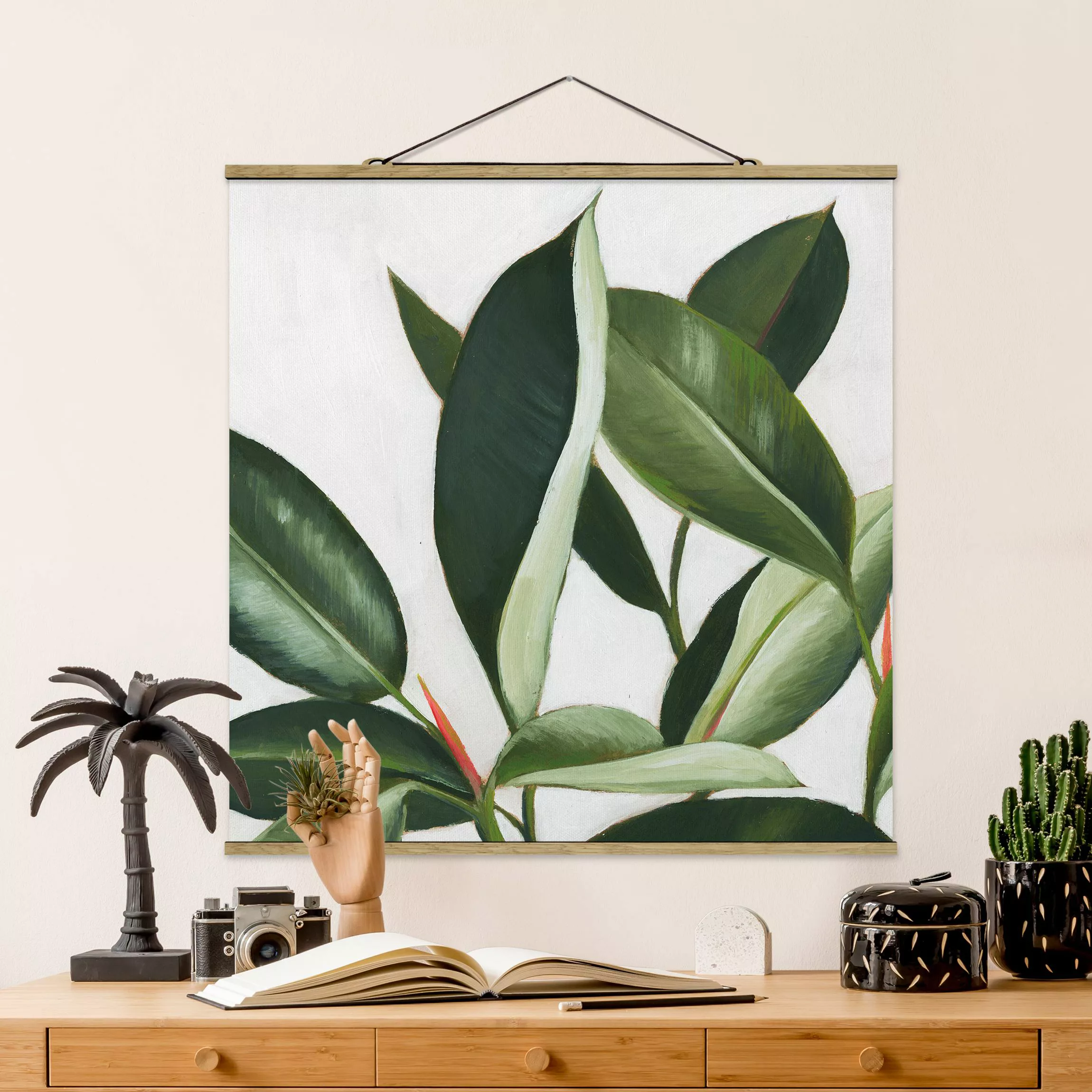 Stoffbild Blumen mit Posterleisten - Quadrat Lieblingspflanzen - Gummibaum günstig online kaufen