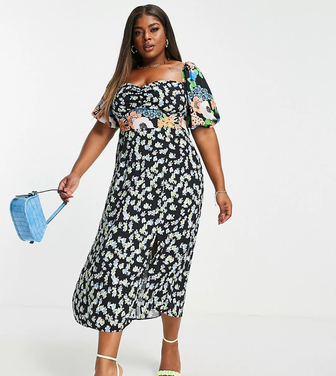 ASOS DESIGN Curve – Midikleid mit verschiedenen Blumenprints-Mehrfarbig günstig online kaufen