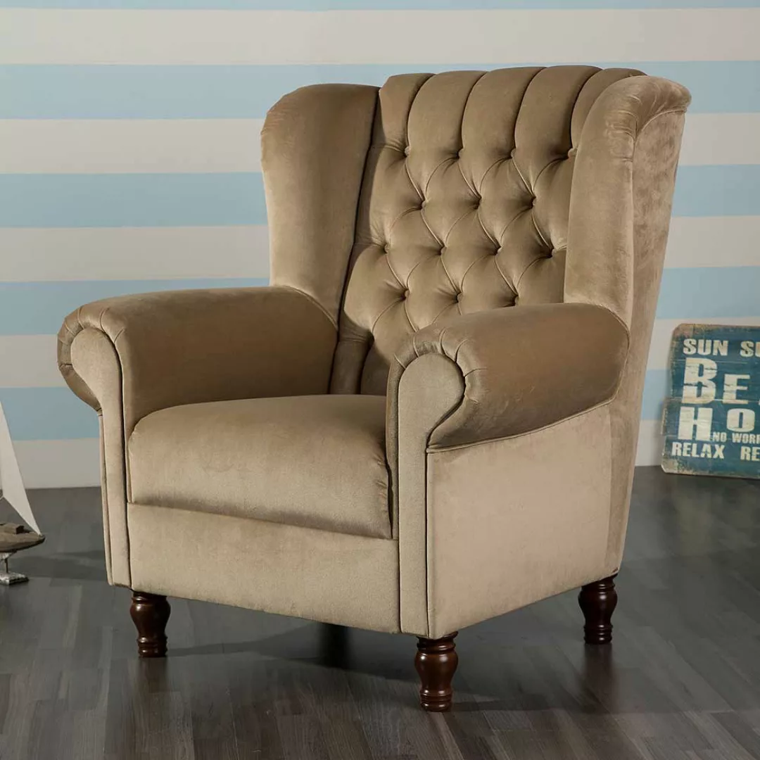 Federkern Wohnzimmer Sessel in Beige Samt Chesterfield Look günstig online kaufen